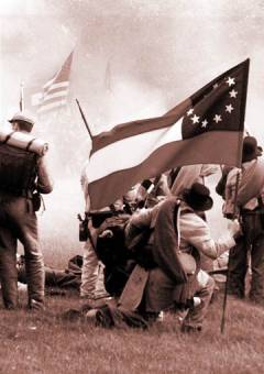 Confederate Infantry in smoke with flag